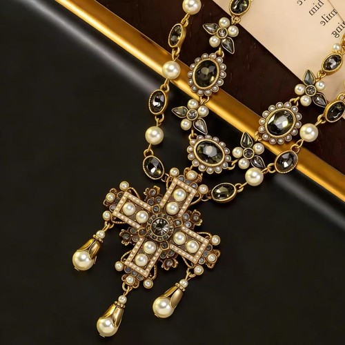 Victorian cross necklace black - victorian,